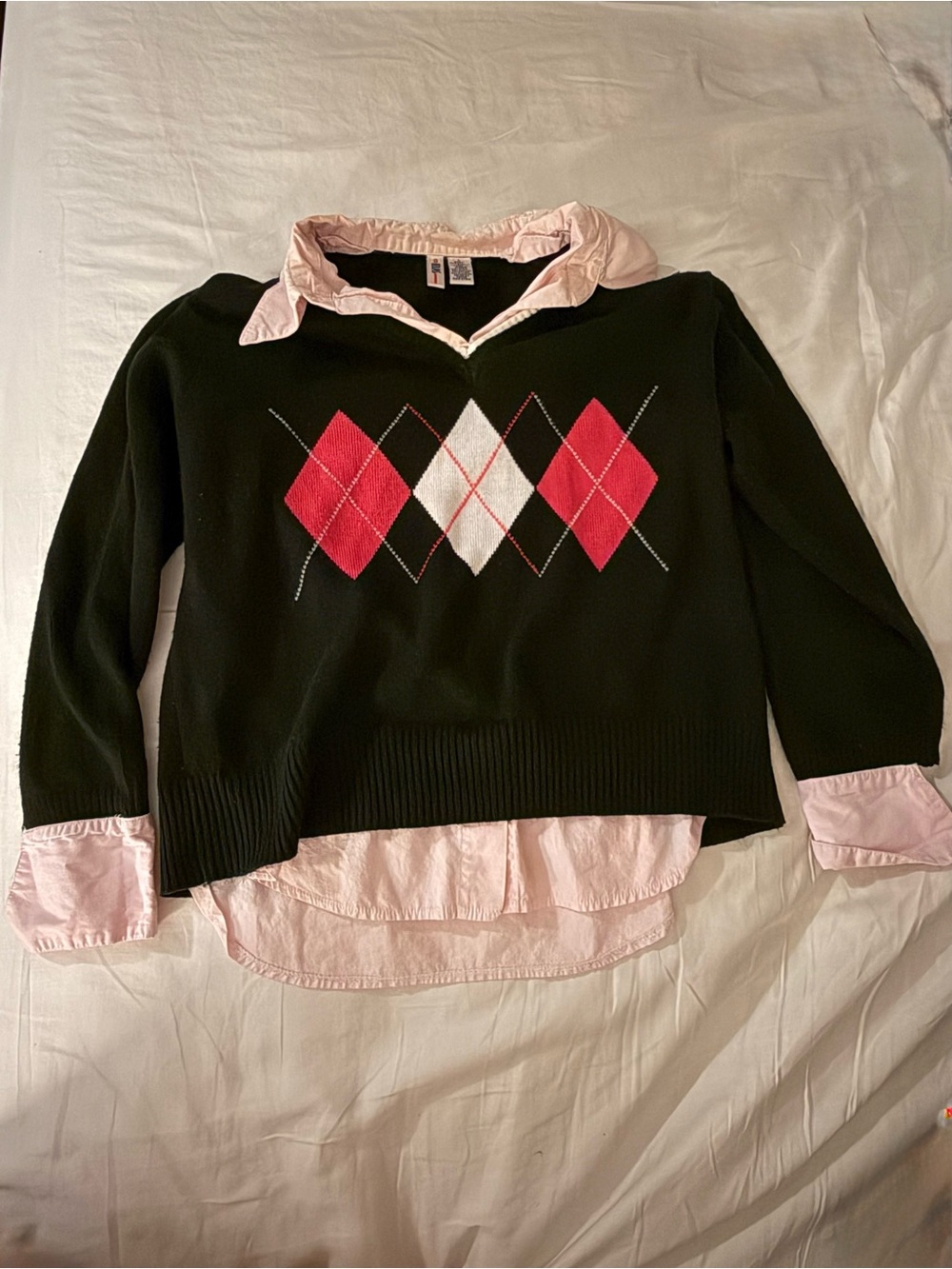 Black Argyle V-Neck Sweater with Pink and White and Collar